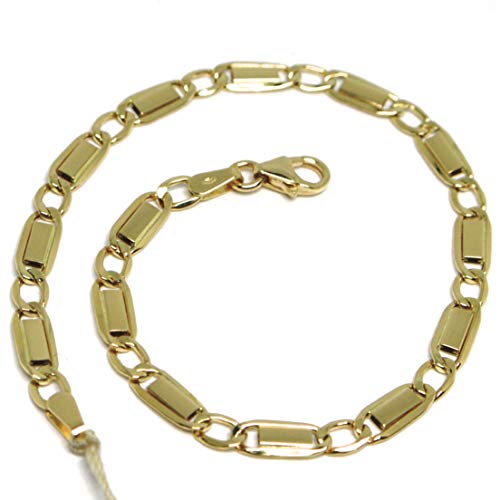 Pulsera de oro amarillo de 18 quilates 750, malla plana, 4 mm, rectangulares y ovalados alternativos, mini placas, longitud 19 cm, fabricada en Italia