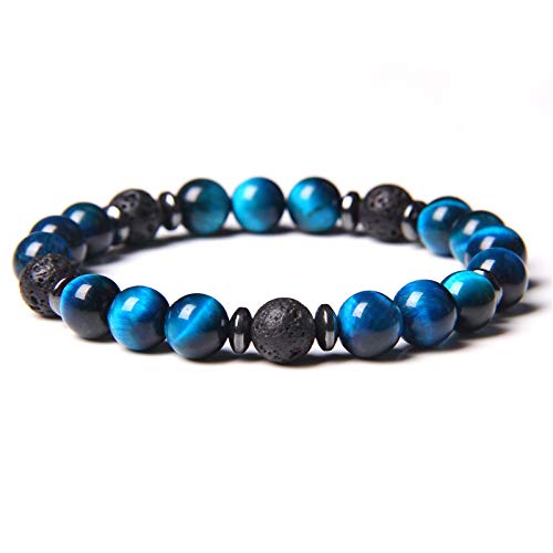 Pulsera De Piedra Natural Natural Lava Piedra Tigre Ojo Piedra Abalorios Hombres Pulseras De Oración Budeismo Negro Lava Energía Oro Brazalete Espaciador Para Las Mujeres Judías Regalo,Azul Ojo De