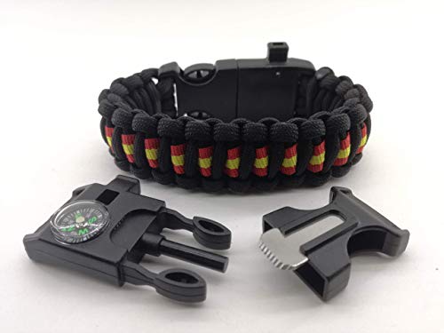 Pulsera de supervivencia ESPAÑA a medida 5 EN 1 con silbato, brújula, pedernal, raspador y cuerda de paracord 550 tipo III. Hecha a mano en España. Color NEGRO.