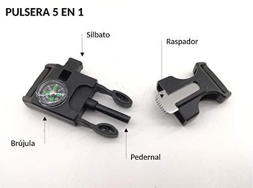 Pulsera de supervivencia ESPAÑA a medida 5 EN 1 con silbato, brújula, pedernal, raspador y cuerda de paracord 550 tipo III. Hecha a mano en España. Color NEGRO. Pulsera de supervivencia ESPAÑA a medida 5 EN 1 con silbato, brújula, pedernal, raspador y cuerda de paracord 550 tipo III. Hecha a mano en España. Color NEGRO.