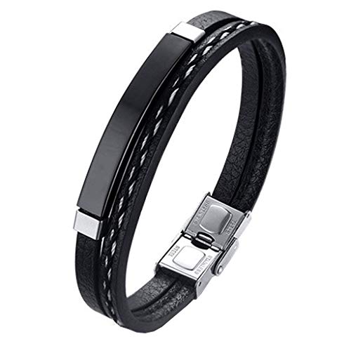 Pulsera hombre mujer Legado, en cuero pu y acero inoxidable, brazalete vikingo chico negra combinable con anillo pendiente collar colgante o tobillera muñequera tipo, personalizable (BLACK 19,5) Pulsera hombre mujer Legado, en cuero pu y acero inoxidable, brazalete vikingo chico negra combinable con anillo pendiente collar colgante o tobillera muñequera tipo, personalizable (BLACK 19,5)