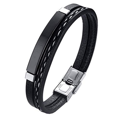 Pulsera hombre mujer Legado, en cuero pu y acero inoxidable, brazalete vikingo chico negra combinable con anillo pendiente collar colgante o tobillera muñequera tipo, personalizable (BLACK 19,5)