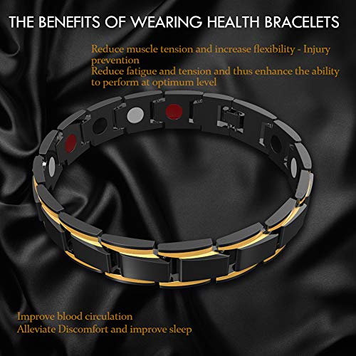 Pulsera magnética para hombre, CNNIK Pulsera de titanio de terapia magnética con 4 potentes imanes, alivio del dolor de la artritis, oro negro