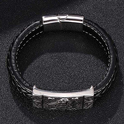 Pulseras Brazalete Joyería Mujer Pulsera De Cuero con Hebilla De Color Plateado para Hombre, Joyería De Moda con Patrón De Barco para Regalos De Cumpleaños-Black_Wearing_Length_195Mm