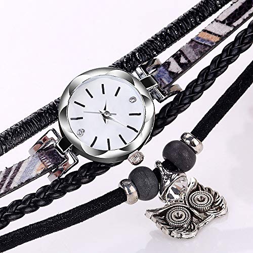 Pulseras de Cuero Trenzadas multicoloras Búho de Plata Antiguo Pulsera Pulsera Relojes para Mujer Reloj de Pulsera de niñas