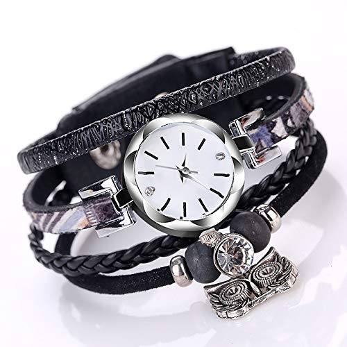 Pulseras de Cuero Trenzadas multicoloras Búho de Plata Antiguo Pulsera Pulsera Relojes para Mujer Reloj de Pulsera de niñas