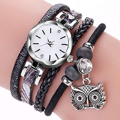 Pulseras de Cuero Trenzadas multicoloras Búho de Plata Antiguo Pulsera Pulsera Relojes para Mujer Reloj de Pulsera de niñas