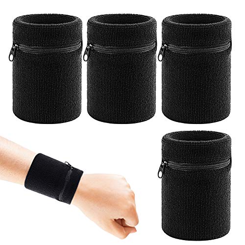 Pulseras Deportivas Sudor con Bolsillos CHALA 4PCS Muñequera con Cierre de Cremallera Bsorbe Sudor y Respira para Tenis, Correr, Ciclismo, Poner Tarjeta de Moneda Clave Viajes, Gimnasio