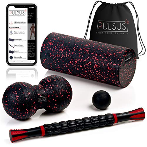 PULSUS fit Juego de fascia con aplicación de vídeo de ejercicio: rodillo muscular, bola doble, rodillo fascial y bola lacrosse para entrenamiento de la fascia de los músculos y terapia del dolor.