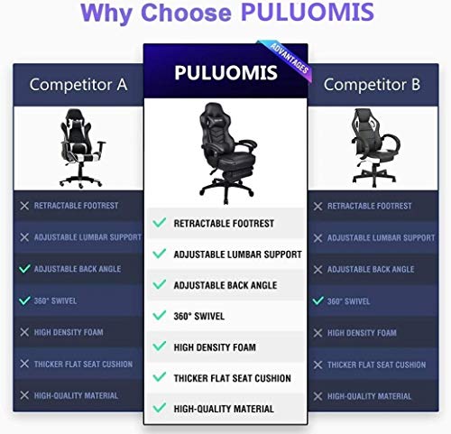 PULUOMIS Racing - Silla de Oficina con Respaldo Alto, de Piel sintética, ergonómica, para Ordenador, vídeo, Ajustable, con reposapiés Lumbar (Negro)