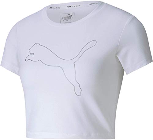 PUMA Feel It Crop tee Camiseta, Mujer, White-Outline Cat PRT, L PUMA Feel It Crop tee Camiseta, Mujer, White-Outline Cat PRT, L
