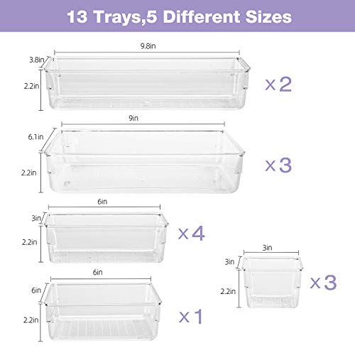 Puricon 13 uds. Organizadores Transparentes para Cajones, Bandeja Plásticas de Almacenamiento para Maquillaje Papelería Cubiertos, Apto para Dormitorio Vestidor Cuarto Baño Cocina Oficina Escritorio