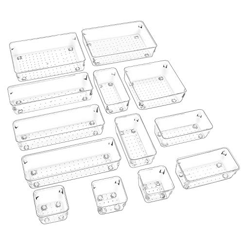 Puricon 13 uds. Organizadores Transparentes para Cajones, Bandeja Plásticas de Almacenamiento para Maquillaje Papelería Cubiertos, Apto para Dormitorio Vestidor Cuarto Baño Cocina Oficina Escritorio