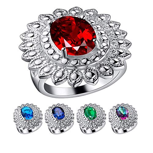 Purmy Mujer Anillo Plateado Banda de Boda con Rojo Cubic Zirconia Elíptico Flor Modelo Diseño Elegante Estilo Tamaño 20