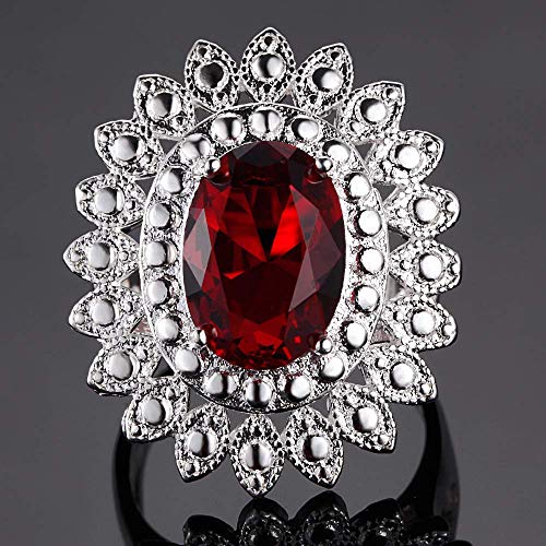 Purmy Mujer Anillo Plateado Banda de Boda con Rojo Cubic Zirconia Elíptico Flor Modelo Diseño Elegante Estilo Tamaño 20