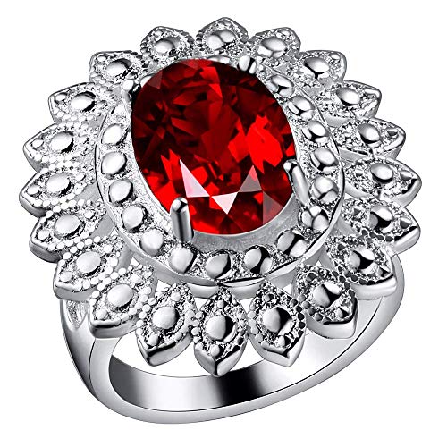 Purmy Mujer Anillo Plateado Banda de Boda con Rojo Cubic Zirconia Elíptico Flor Modelo Diseño Elegante Estilo Tamaño 20