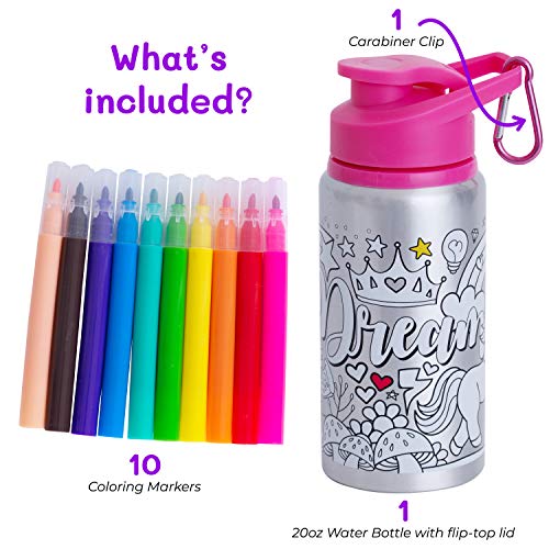 Purple Ladybug CREA tu Propia Botella de Agua Personalizada con 10 Rotuladores Vivos Pegatinas de Gemas y Estuche de Regalo – Botella de Agua para Niños, Sin BPA Niña