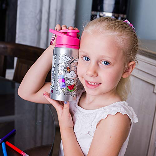 Purple Ladybug CREA tu Propia Botella de Agua Personalizada con 10 Rotuladores Vivos Pegatinas de Gemas y Estuche de Regalo – Botella de Agua para Niños, Sin BPA Niña