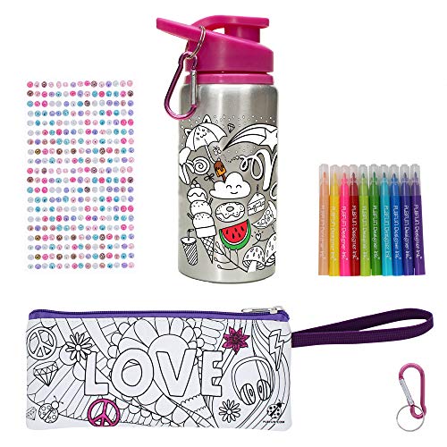 Purple Ladybug CREA tu Propia Botella de Agua Personalizada con 10 Rotuladores Vivos Pegatinas de Gemas y Estuche de Regalo – Botella de Agua para Niños, Sin BPA Niña