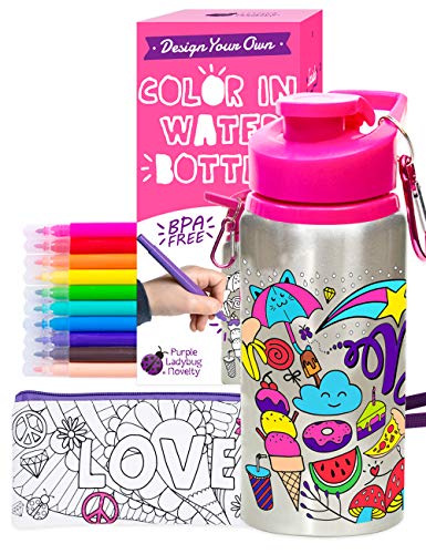 Purple Ladybug CREA tu Propia Botella de Agua Personalizada con 10 Rotuladores Vivos Pegatinas de Gemas y Estuche de Regalo – Botella de Agua para Niños, Sin BPA Niña