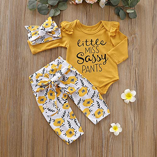 puseky Baby Little Miss Sassy - Conjunto de ropa de manga larga con volantes y pantalones florales - amarillo - 0-6 meses