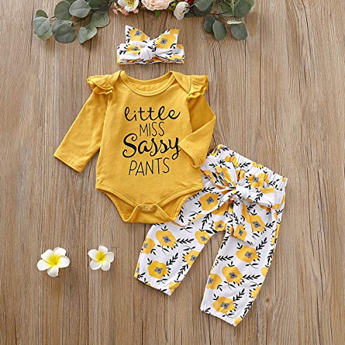 puseky Baby Little Miss Sassy - Conjunto de ropa de manga larga con volantes y pantalones florales - amarillo - 0-6 meses