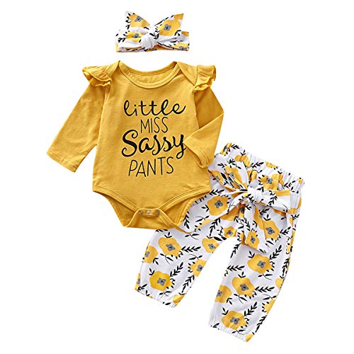 puseky Baby Little Miss Sassy - Conjunto de ropa de manga larga con volantes y pantalones florales - amarillo - 0-6 meses