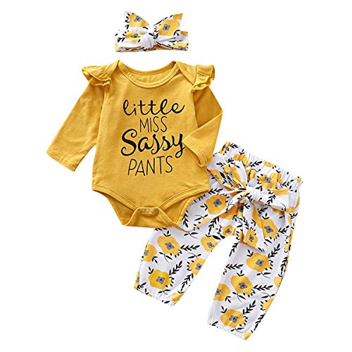 puseky Baby Little Miss Sassy - Conjunto de ropa de manga larga con volantes y pantalones florales - amarillo - 0-6 meses puseky Baby Little Miss Sassy - Conjunto de ropa de manga larga con volantes y pantalones florales - amarillo - 0-6 meses