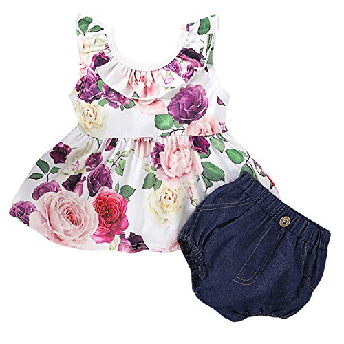 puseky Conjunto de 2 piezas de ropa para bebés y niñas sin mangas con volantes florales y pantalones cortos Bloomer