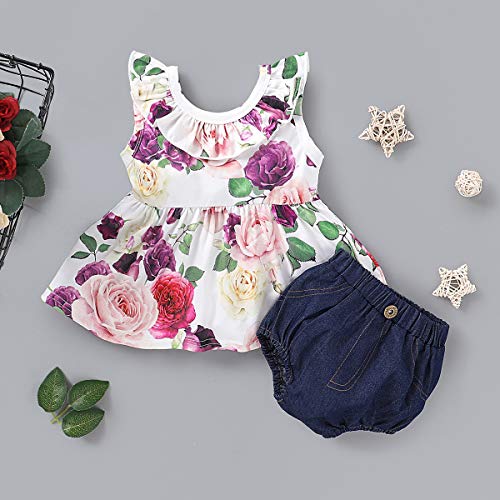 puseky Conjunto de 2 piezas de ropa para bebés y niñas sin mangas con volantes florales y pantalones cortos Bloomer