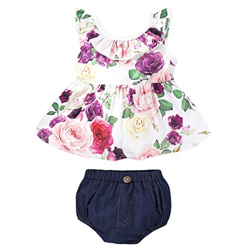 puseky Conjunto de 2 piezas de ropa para bebés y niñas sin mangas con volantes florales y pantalones cortos Bloomer