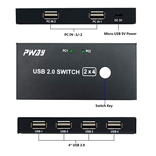 PW-SU0204 USB Switch KVM 2 PCs Entrada 4 Port USB 2.0 Salida Teclado y ratón U Impresora de Disco Compatible con Sistemas como Windows Mac Linux