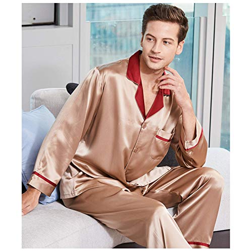 qazxsw Conjunto de Pijamas para Hombre, de Manga Larga, de Seda, de Gusano de Seda, Servicio a Domicilio, Traje de Dos Piezas a Juego, Primavera, otoño, Verano