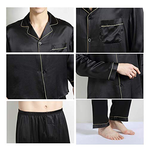 qazxsw Pijamas de Seda de Morera de Seda Pesada para Hombre, camisón de Dos Piezas de Manga Larga de Seda Negra de Primavera y Verano para Hombre