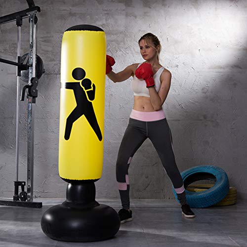 QEPOL Saco de Boxeo de Fitness, Pesado Entrenamiento de Patada Inflable Vertical Fitness Target Tower Bag Bolsa de Fitness Inflable Saco de Arena Fitness Sports Boxing 160CM (Amarillo)