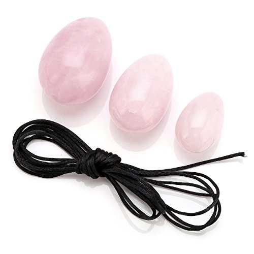 QGEM Pack de 3 Yoni Huevos Rosa Cuarzo, Perforado, con unwaxed Cadena, Piedra para Las Mujeres de Masaje para Fortalecer los músculos pélvicos