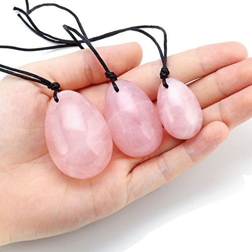 QGEM Pack de 3 Yoni Huevos Rosa Cuarzo, Perforado, con unwaxed Cadena, Piedra para Las Mujeres de Masaje para Fortalecer los músculos pélvicos