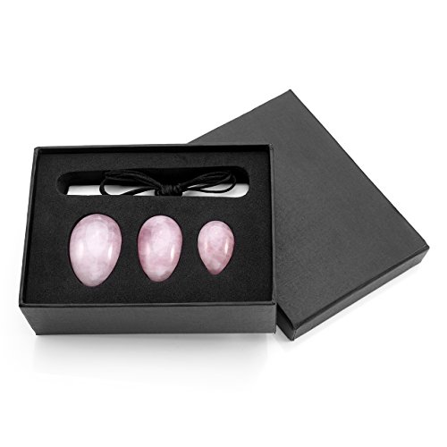 QGEM Pack de 3 Yoni Huevos Rosa Cuarzo, Perforado, con unwaxed Cadena, Piedra para Las Mujeres de Masaje para Fortalecer los músculos pélvicos