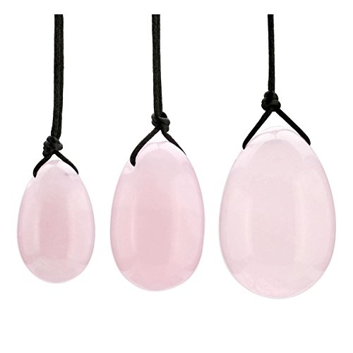 QGEM Pack de 3 Yoni Huevos Rosa Cuarzo, Perforado, con unwaxed Cadena, Piedra para Las Mujeres de Masaje para Fortalecer los músculos pélvicos