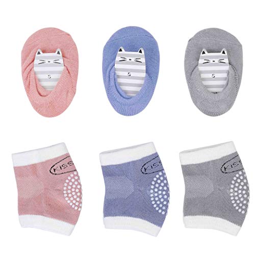 QH-shop 3 Pares Rodilleras para Bebés y 3 Pares Calcetines con Silicona Antisdeslizantes Almohadillas para Niño Rodilla Codo Almohadillas Leg Warm 0-24 Meses