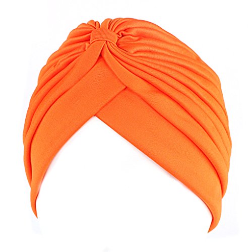QHGstore Mujer Chemo plisado Pre cabeza atada cubierta hasta Bonnet Sun Turbante Cap naranja