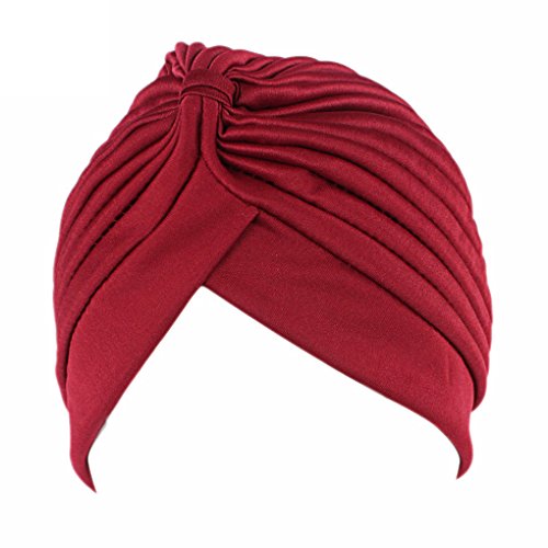 QHGstore Mujer Chemo plisado Pre cabeza atada cubierta hasta Bonnet Sun Turbante Cap vino rojo