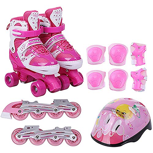 QIANG Niños Entrenando Patines De Doble Fila 2 En 1 Patines Ajustables 4 Patines Circulares para Principiantes Niños Pequeños Niñas Patín De Hielo Conjunto,Pink-L(39-42)