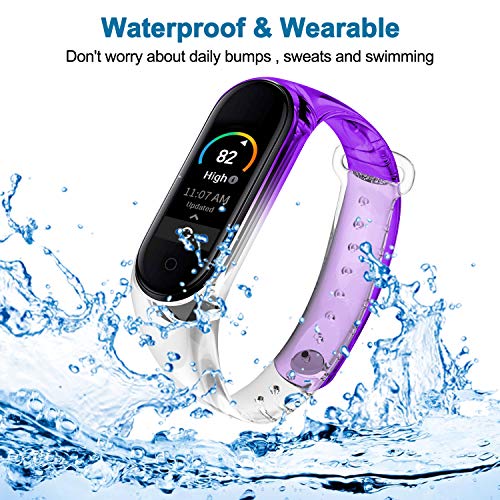 Qianyou 2 Piezas Correas para Xiaomi Mi Band 5 Silicona, Pulsera con Funda Impermeable TPU Reemplazo Colorida Reloj Banda para Xiaomi Mi Band 5,Claro+Morada