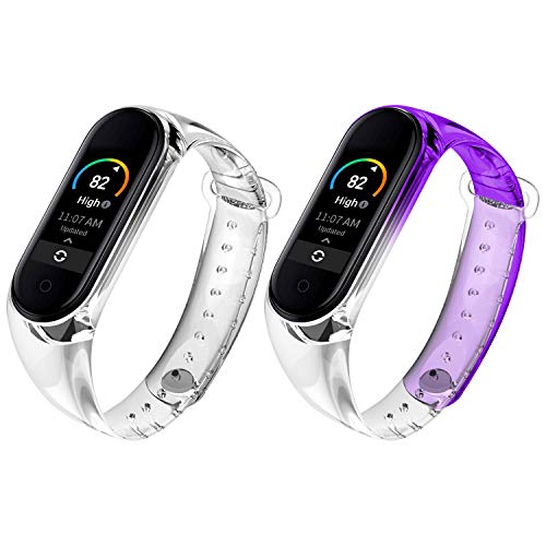 Qianyou 2 Piezas Correas para Xiaomi Mi Band 5 Silicona, Pulsera con Funda Impermeable TPU Reemplazo Colorida Reloj Banda para Xiaomi Mi Band 5,Claro+Morada