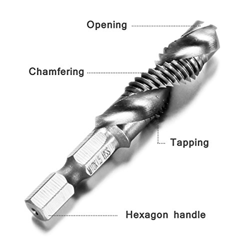 Qibaok 6 piezas brocas para rosca HSS macho de roscar grifo para taladro set de hexagonales drills de vástago Perforación,1/4 Vástago HSS Tornillo Manual, Métrico, Tornillos de Taladro