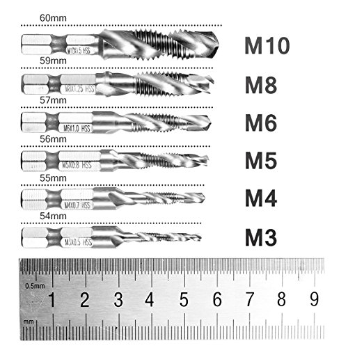 Qibaok 6 piezas brocas para rosca HSS macho de roscar grifo para taladro set de hexagonales drills de vástago Perforación,1/4 Vástago HSS Tornillo Manual, Métrico, Tornillos de Taladro