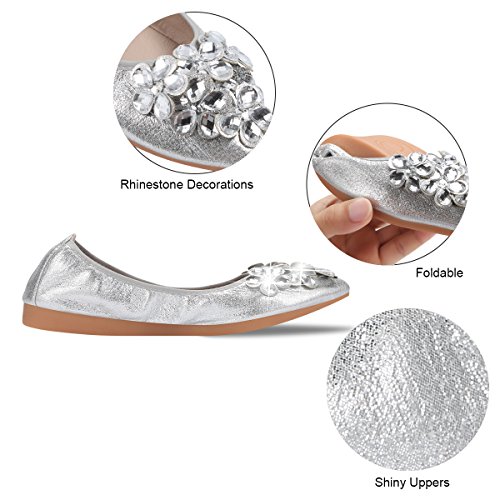 QIMAOO Mujeres Plegable Zapatos de Ballet Zapatillas de Baile Plegable Bombas Rhinestone Zapatos de Verano, Portátil y Cómodo para Fiesta de Boda Nupcial, Plateado, 40 EU (Talla Fabricante 41) QIMAOO Mujeres Plegable Zapatos de Ballet Zapatillas de Baile Plegable Bombas Rhinestone Zapatos de Verano, Portátil y Cómodo para Fiesta de Boda Nupcial, Plateado, 40 EU (Talla Fabricante 41)