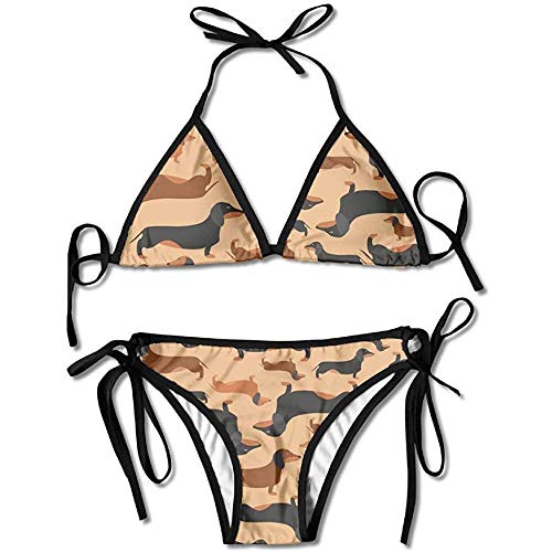 Qinckon Traje de baño, Conjunto de Bikini de patrón de Dachshunds Retro para Mujer Traje de baño