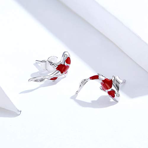 Qings Pendientes de botón de carpa roja de pez Koi para mujeres y niñas exquisita plata de ley 925 chapada en platino con incrustaciones de circonita brillante